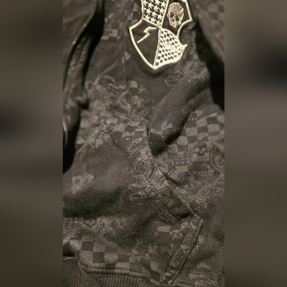 Avirex black & gray unisex skull checkered skate hoodie szS - Picture 5 of 6